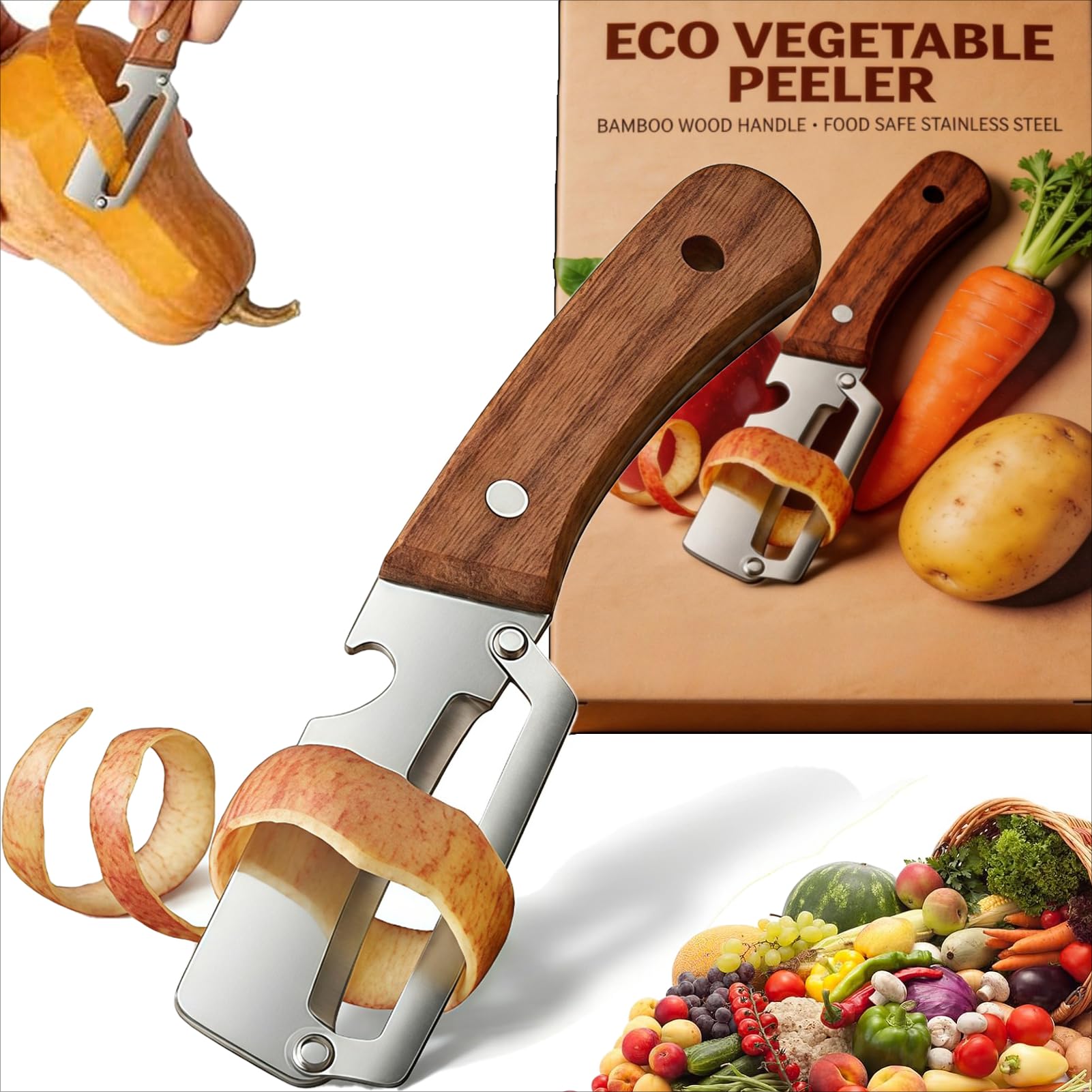 Zero Snag Wooden Peeler, 2027 New Premium Stainless Steel Blade Non-Slip Multifunctional Vegetable Peeler for Apple, Potato, Pumpkin, Papaya (1Pcs) - 2