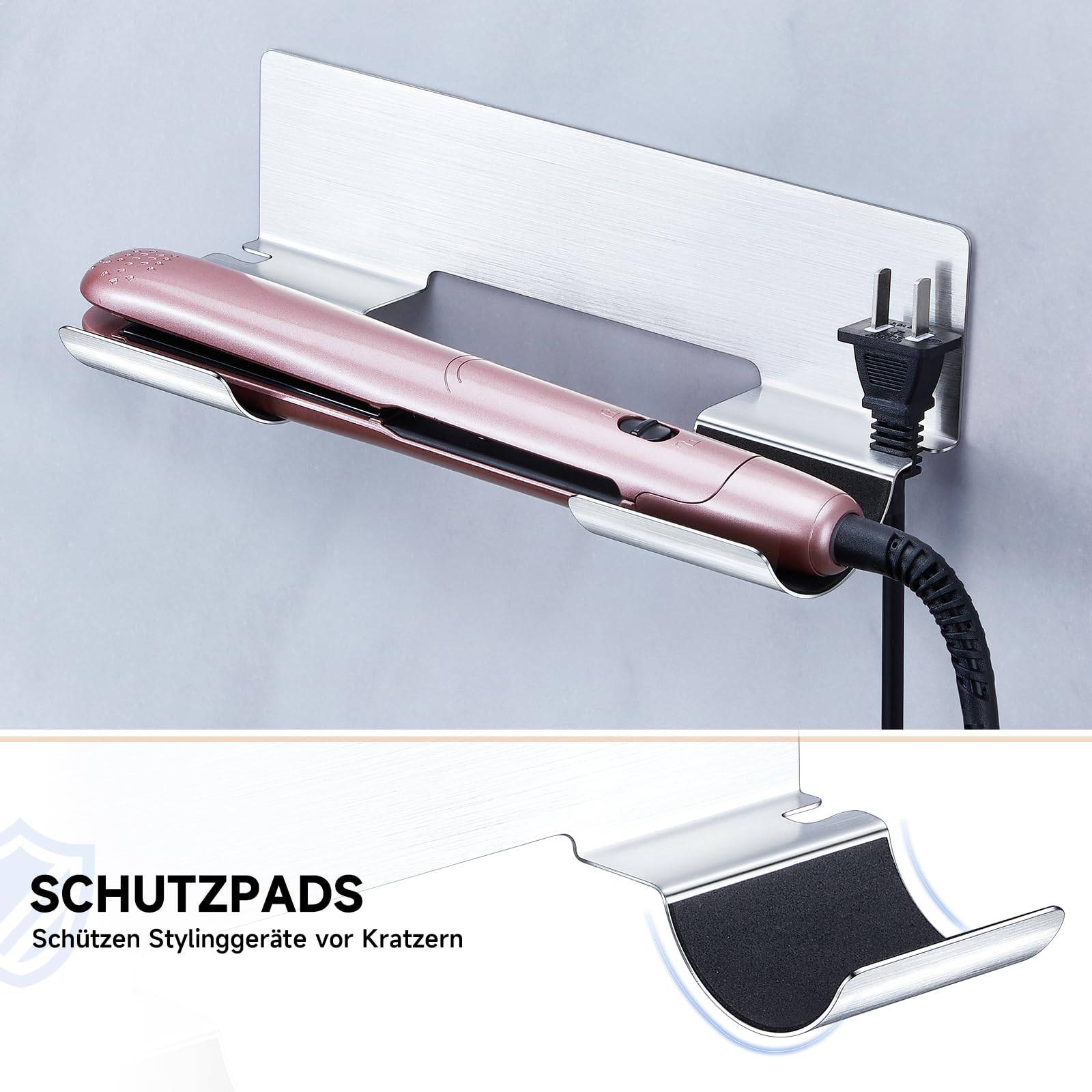 Soporte para Secador y Plancha de Pelo de Pared, Sin Taladrar, para Rizadores y Alisadores, Plata