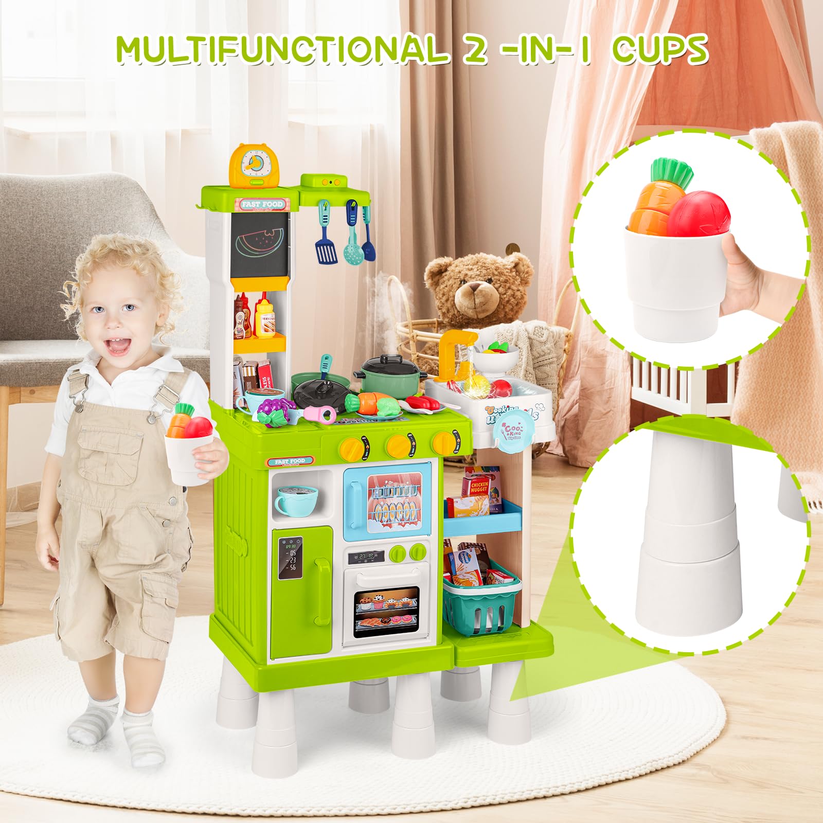deAO Cucina Giocattolo per Bambini - 54PCS Altezza Regolabile Doppio Lato Gioco di Ruolo da Cucina con Luce Suono Acqua Vapore Frigorifero Lavastoviglie e Accessori | Verde