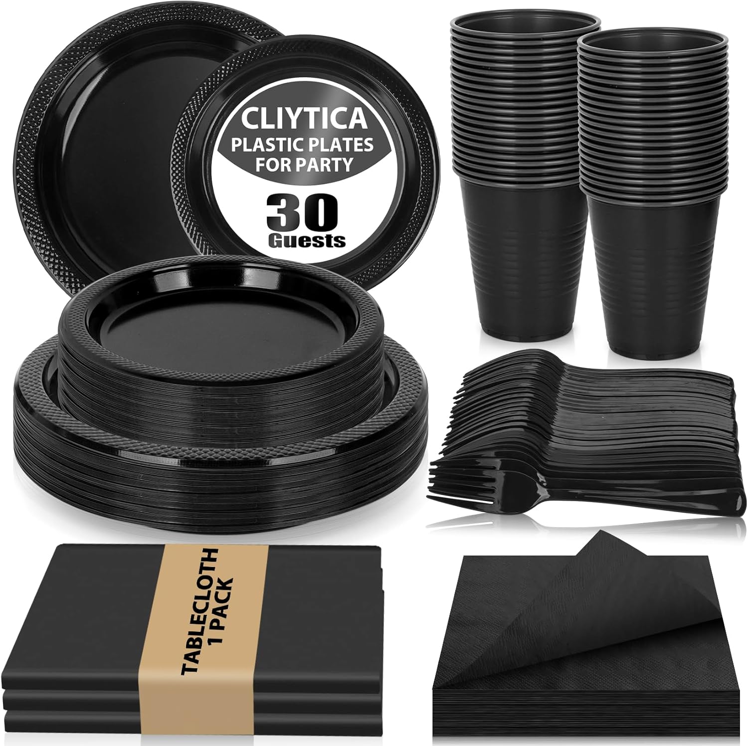 Black Plastic Plates for Party,30 Guest Disposable Plastic Plate Set 9"Plates,7"Dessert Plates,Napkins,Cups,Forks & Tablecloth for Birthday,Halloween,Christmas,Graduations