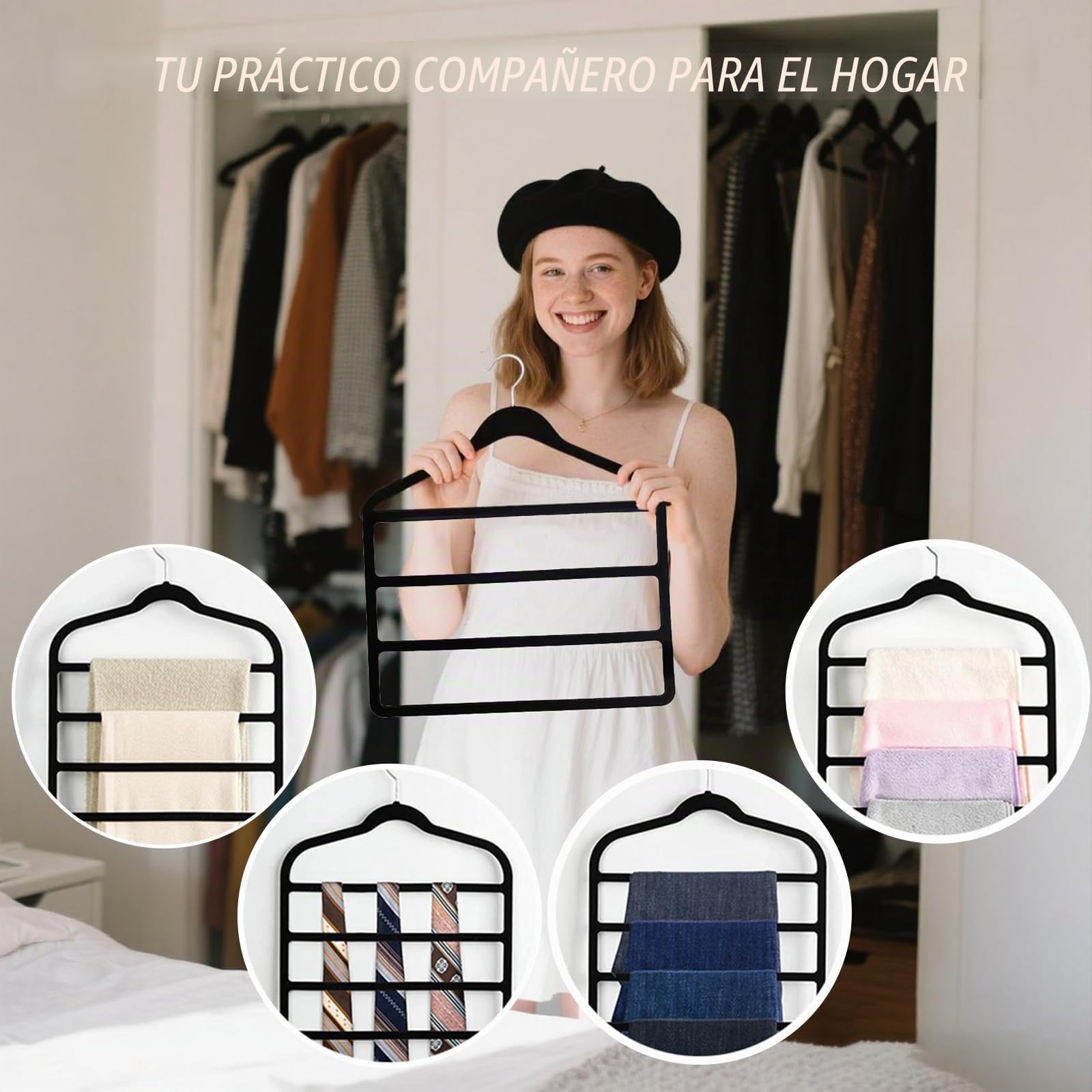 Juego de 3 perchas de terciopelo para pantalones de 4 capas, ahorra espacio, antideslizantes, para vaqueros, pantalones, leggings, corbatas, bufandas y toallas, varias capas