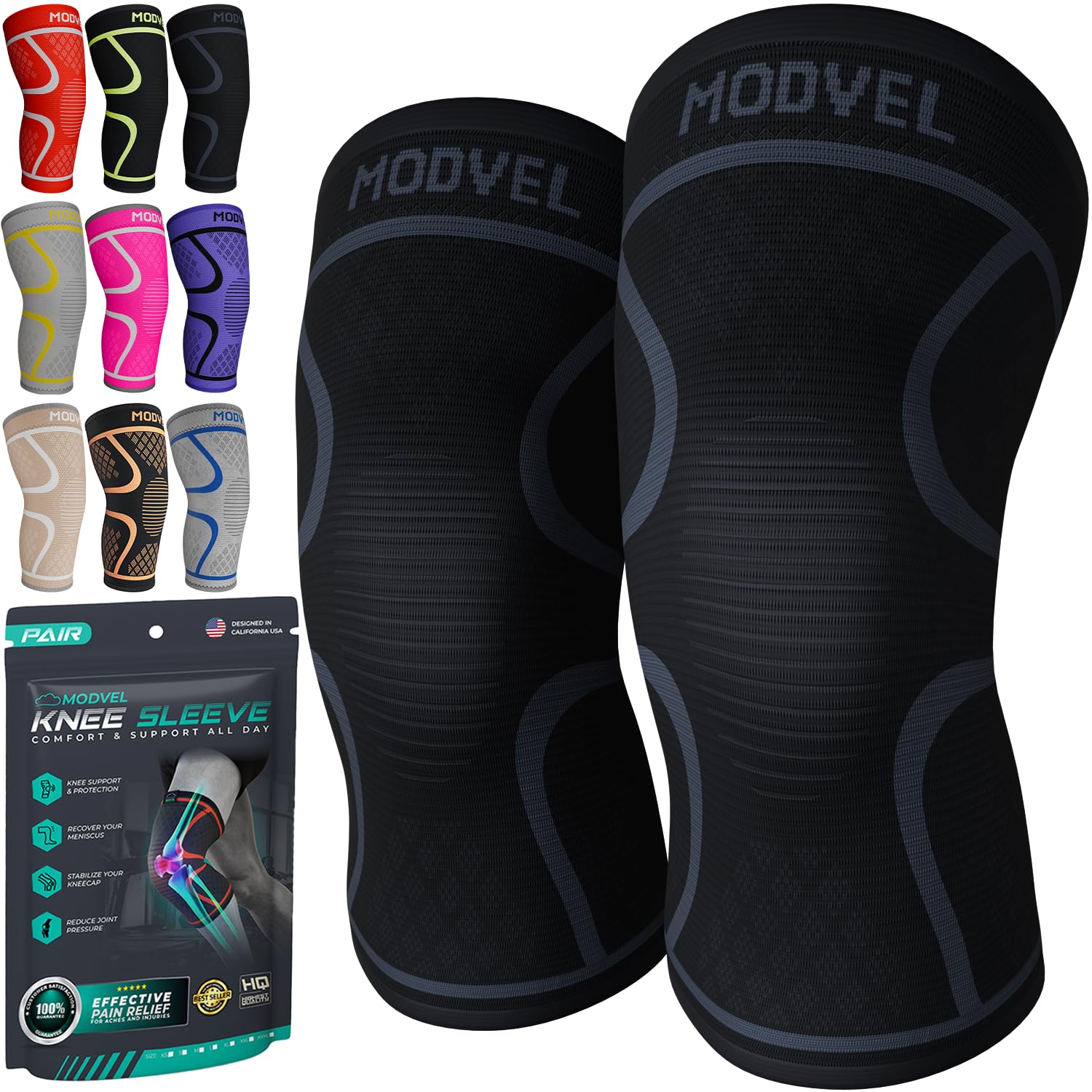 MODVEL Knee Support Compression Sleeve Women & Men - 2 Pack, Running Knee Brace, ACL & Arthritis Pain Relief, Joint Pain, Meniscus Tear, & Every day use (L)