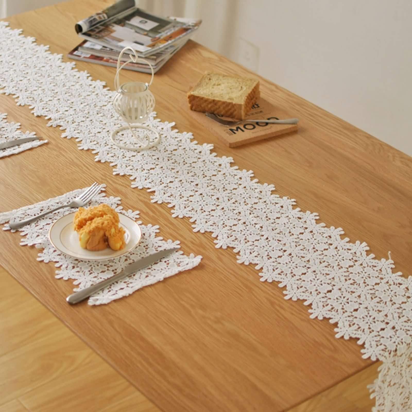 Outdoor Table Runner, 22x160cm Blanco Patrón de Flor Hueca Poliéster Decoración Centro de Mesa Salon