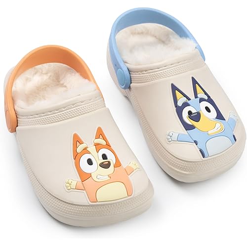 Bluey Bingo Unisex Kids Beige Orange Blue Multicoloured Fur Lined Clogs | Fun Cartoon Footwear for Everyday Wear