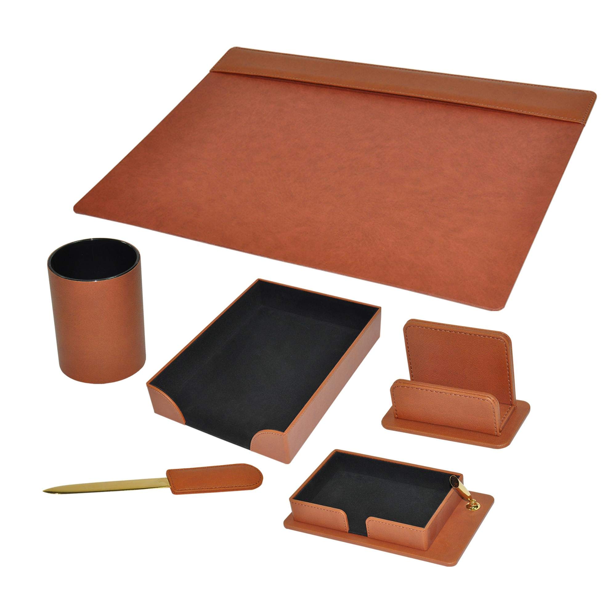 FIS Executive Desk Set with Italian PU Materials, Set of 6 Pieces Desk Set Organizer, Brown Color, Pack in Gift Box-FSDS181BR