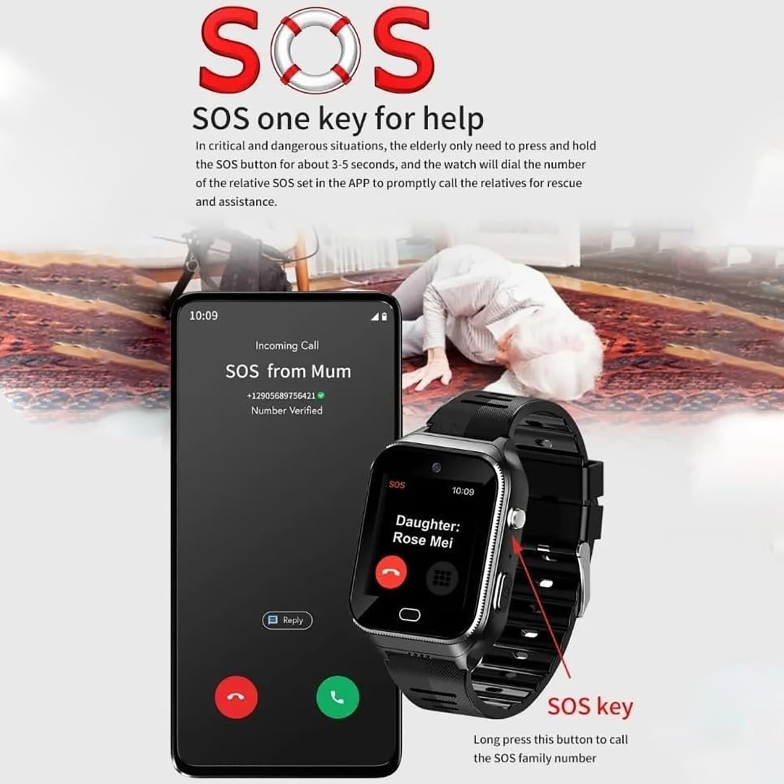 Genérico Smartwatch Personas Mayores Aviso de Caída Reloj Inteligente Dispositivos de Alerta de Caídas Alarma SOS Localización GPS Videollamada Impermeable Detección de Caídas para Demencia Alzheimer