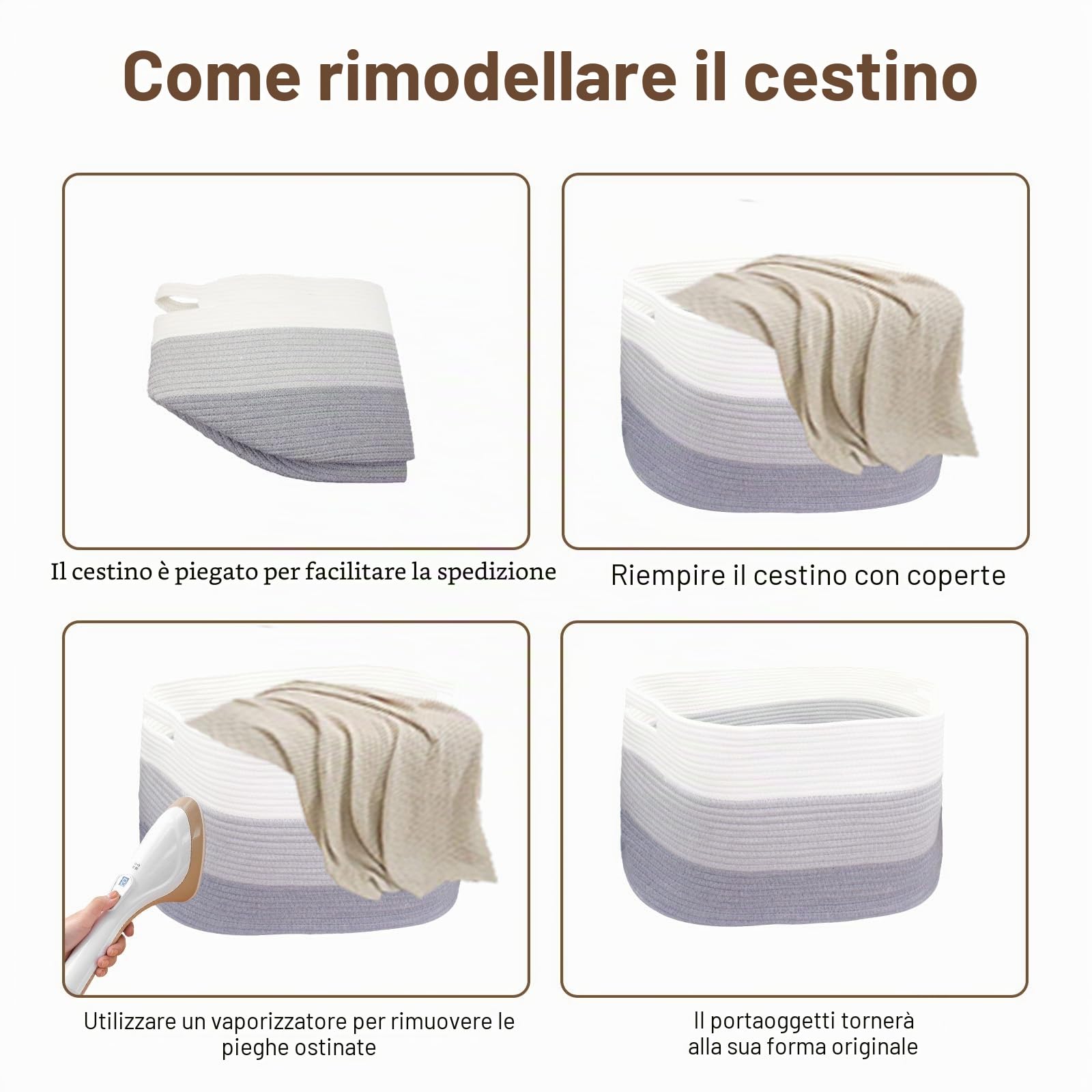 Grande cestino per coperte-54×43×30cm Cesto Portaoggetti rettangolare in corda di cotone intrecciato per coperte, giocattoli per bambini e vestiti,grigio sfumato