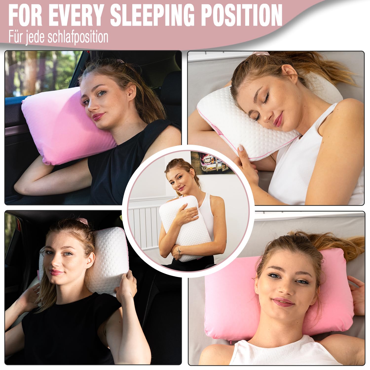 alkamto Cuscino da Viaggio Cuscino da Campeggio – Memory Foam con Federa in Cotone Extra – Borsa Inclusa (40x25x10 cm Rosa)