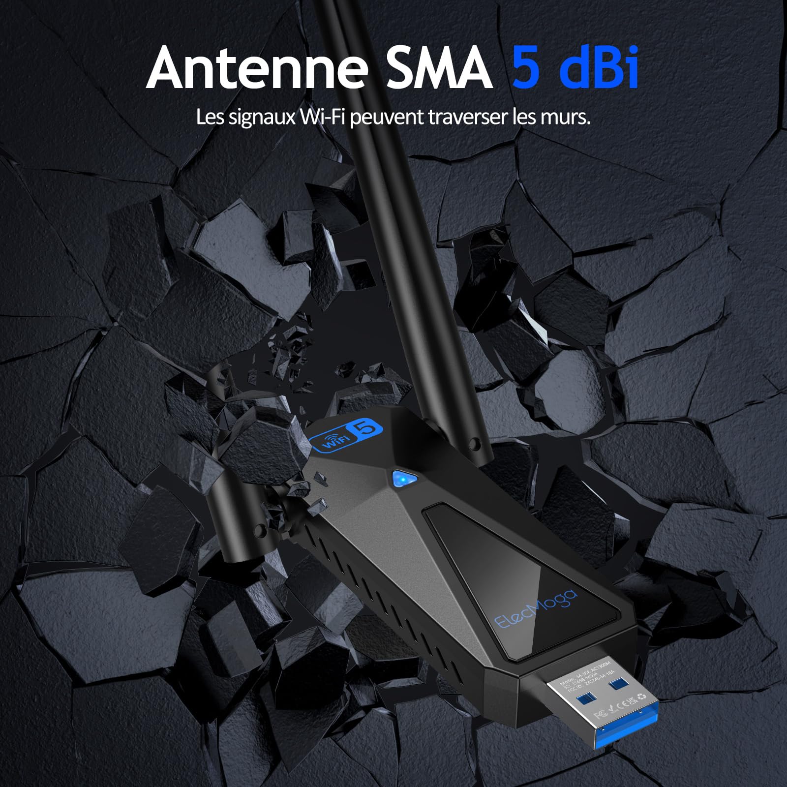 ElecMoga Clé WiFi 1300Mbps USB 3.0 Dual Band 2.4GHz/5GHz Antenne 2x5dBi Compatible Windows 11/10/8/7/Vista/XP Mac Linux