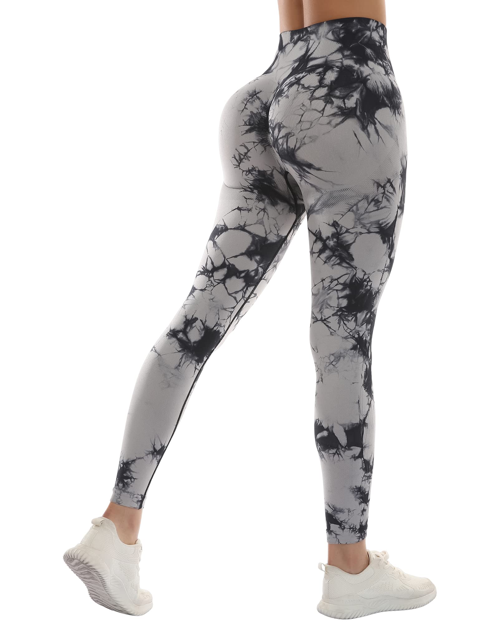 CHRLEISURE 3 Piece Workout Leggings Sets for Women, Gym Scrunch Butt Butt Lifting Seamless Leggings (Tie Dye Black, L)