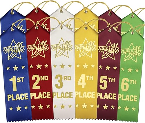 RibbonsNow Cintas de pista y campo 1 - 6 lugar, 300 cintas en total - 50 cada lugar con tarjeta y cuerda