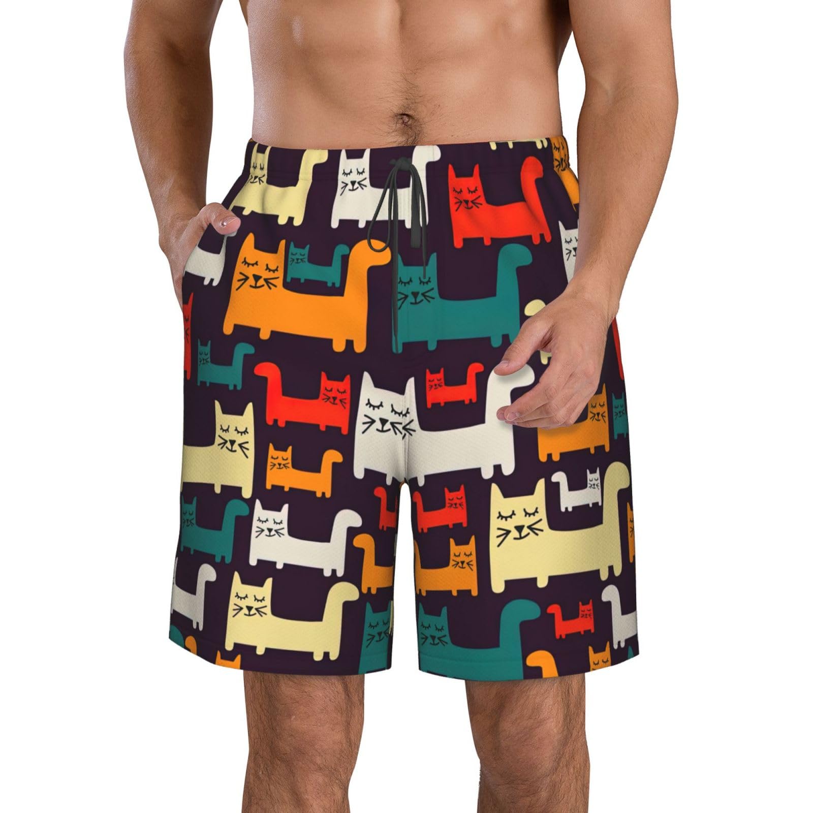 Asbwuo Unisex As Pic Cat Print Men's Swim Trunks Beach Shorts Elastic Waist Drawstring Summer Swimming Board Shorts
