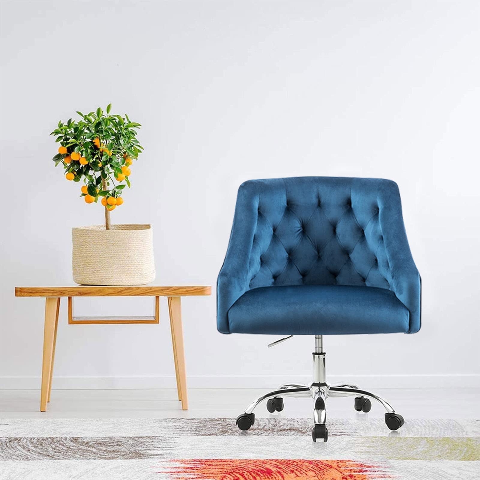 MOJAY Velvet Office Swivel Chair, Vanity Chair, Fabric Desk Chair, Pretty Fancy Chair, Gold Office Chair for Girls, 360°Swivel Height Adjustable Reception Chair (Blue)