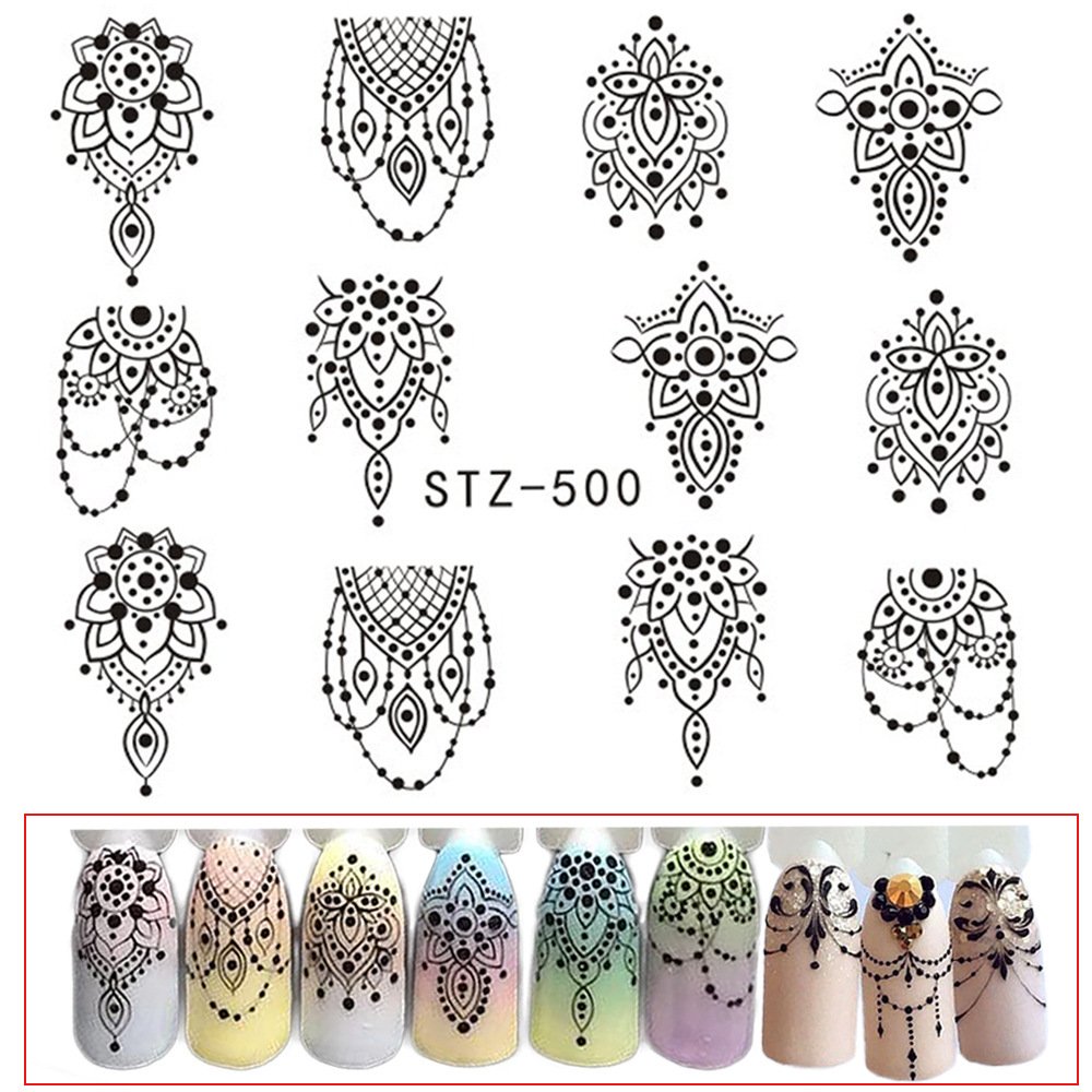 3pcs Black Flower Nail Sticker Water Decal Hollow Tattoo Flora Wings Stencil for Nail Art Decoration Slider Manicure