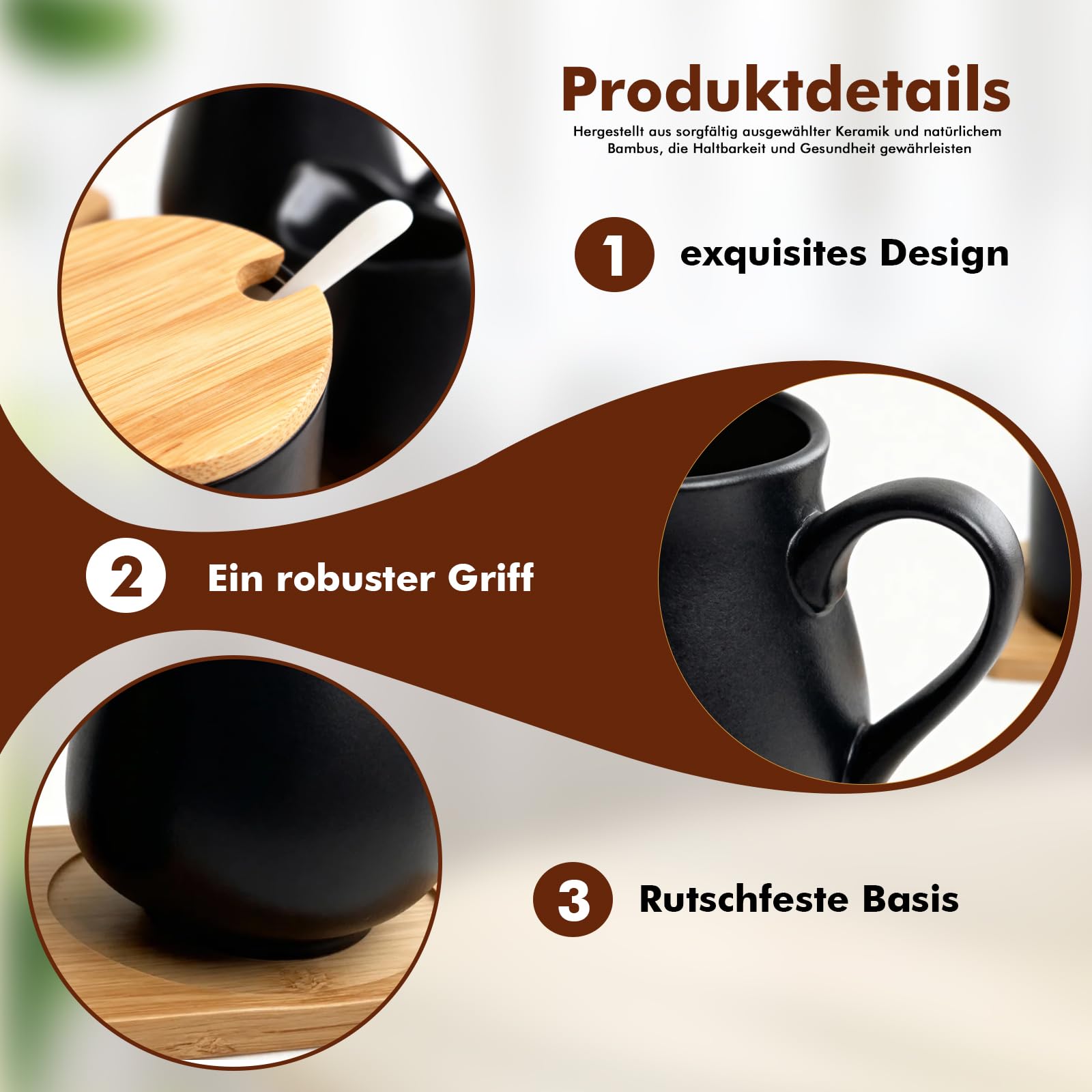 Set di latte e zucchero con coperchio e cucchiaio, in ceramica, con coperchio in bambù e zuccheriera, incluso vassoio in legno, lavabile in lavastoviglie, ideale per caffè, tazze da cappuccino e