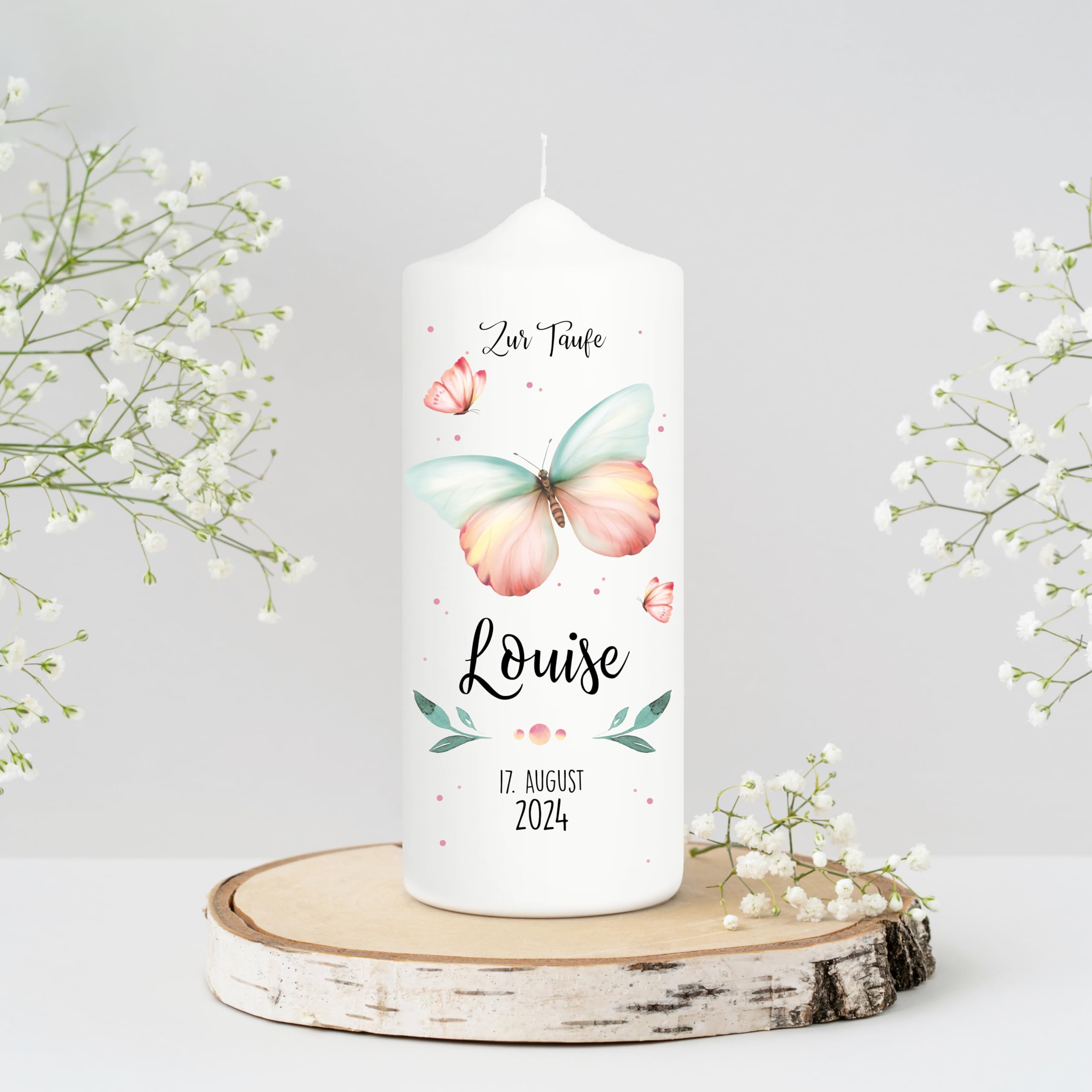 Wandtattoo Loft Taufkerze Mädchen oder Jungen mit Taufspruch + 2 Patenkerzen, Motiv mit Schmetterling, 25cm x 7cm personalisierte Kerze, bedruckte Kerze Taufe, Stumpenkerze, individuelles Taufgeschenk