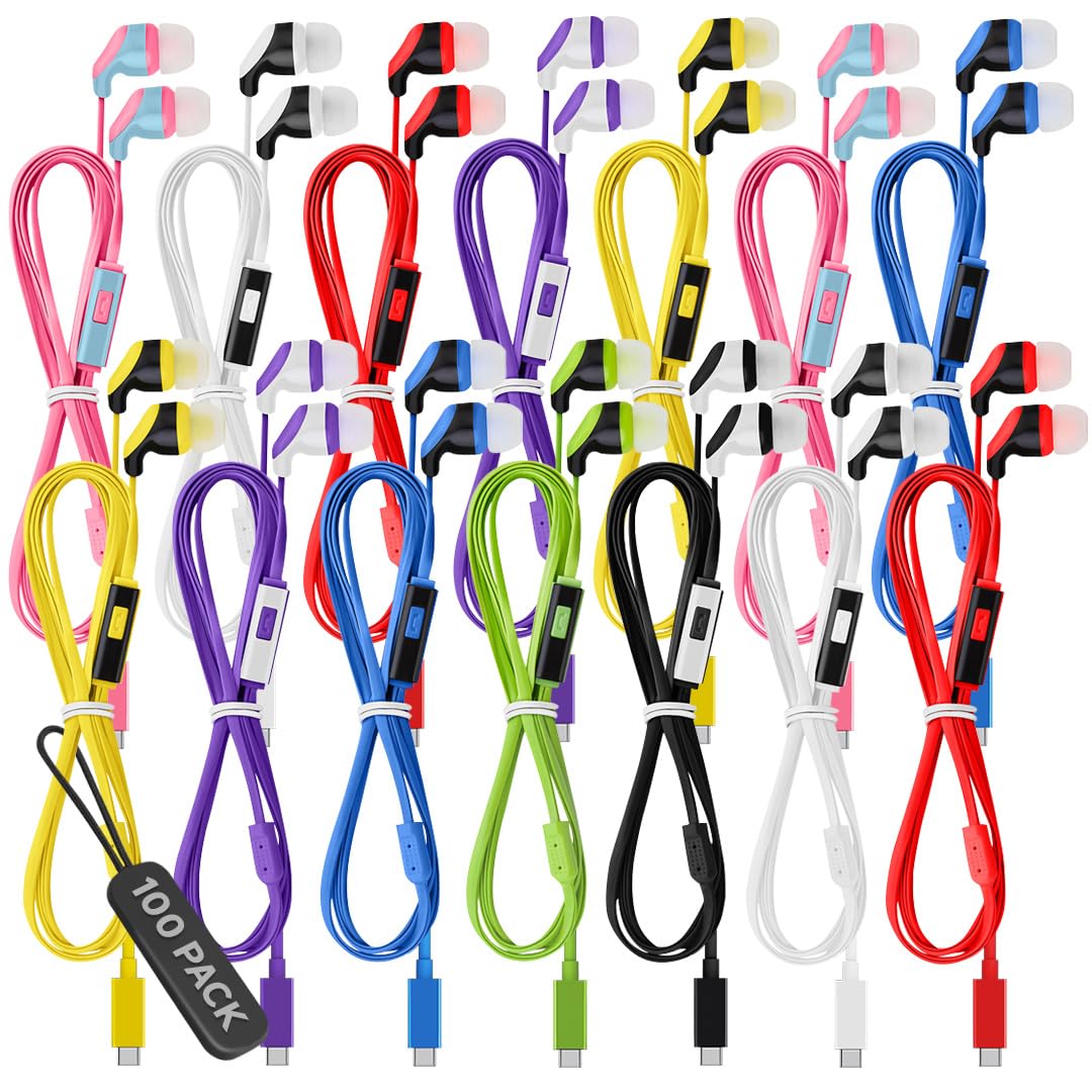 100 Pack Wired USB C Earbuds with Microphone, Type C In-Ear Headphones for Chromebooks, iPads with USB-C, MacBook, Android Tablets, Galaxy, Pixel, Classroom Bulk Headphones for Type C Devices