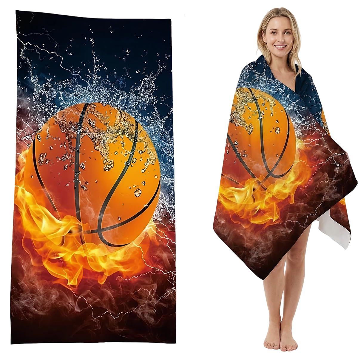 WFKKMEQ Basketball Beach Towel, Basketball Microfibre Towels Super Absorbent Sandproof Beachs Bath Towels Pool Towel SwimmingTowel Lightweight Printed BeachTowels for Swimming Camping (75 * 150CM)