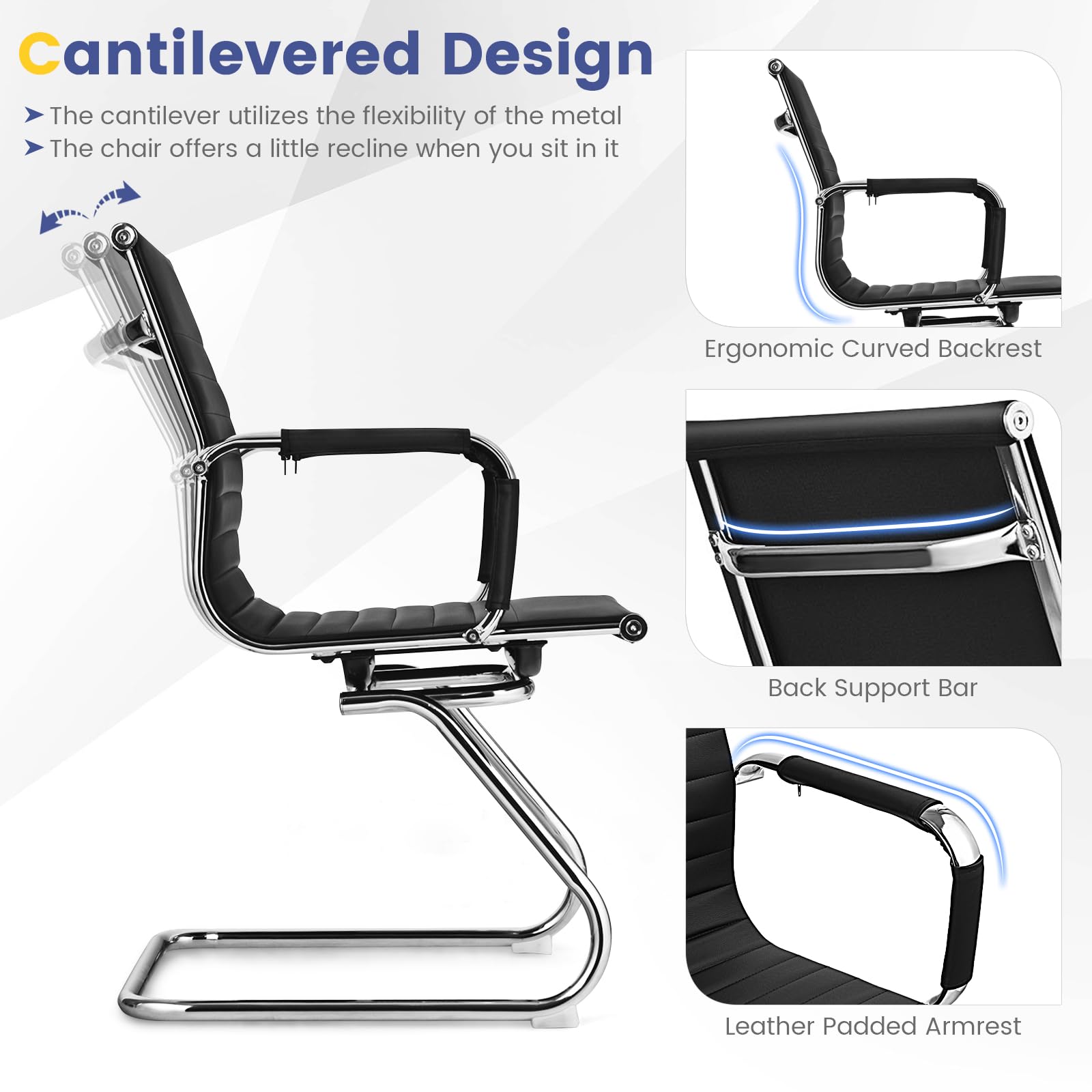 GIANTEX Set di 2 Sedie da Ufficio Cantilever Ergonomiche con Braccioli, Sedie Visitatori Telaio in Metallo Robusto, Sedie per Ricevimento Moderne per Ufficio, Conferenza, Sala d'attesa, Nero