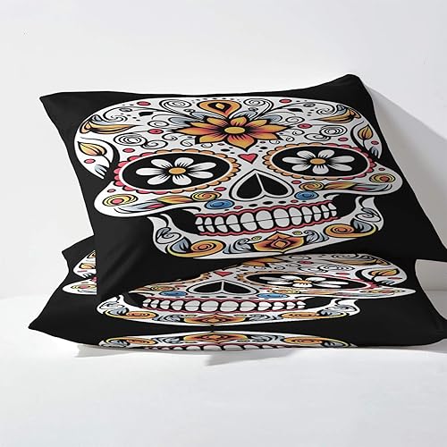 Miniatura 3 de Day of The Dead - Juego de sábanas de 4 piezas, tamaño Queen, diseño de calavera mexicana, sábanas y fundas de almohada, 4 piezas, sábana bajera