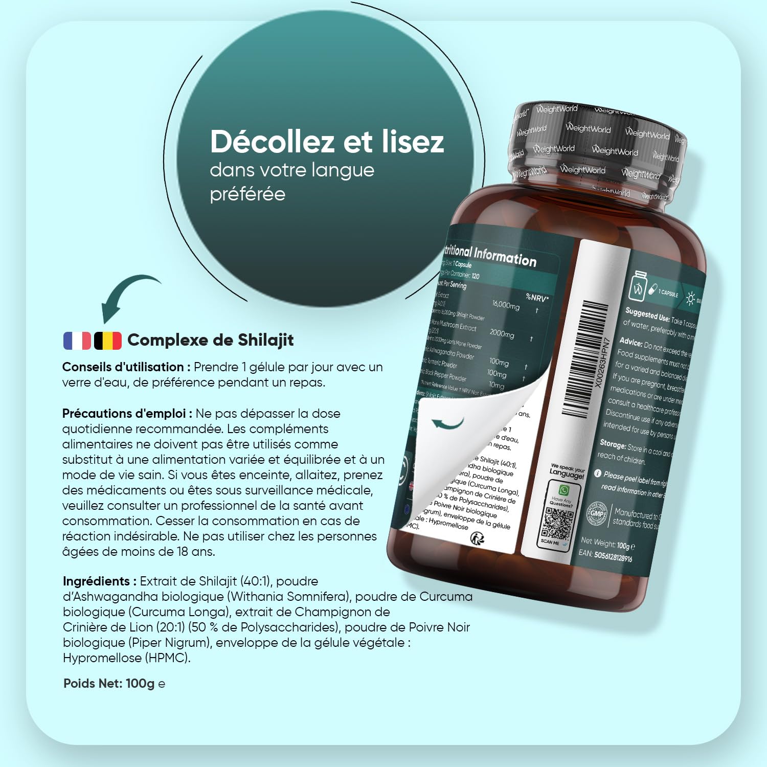 Shilajit Gelules 18210mg, Shilajit Himalaya Complexe 120 Gélules Vegan, Ashwagandha Bio, Curcuma Bio, Champignon Crinière de Lion et Poivre Noir, Riche en Acide Fulvique, Acide Humique et Minéraux