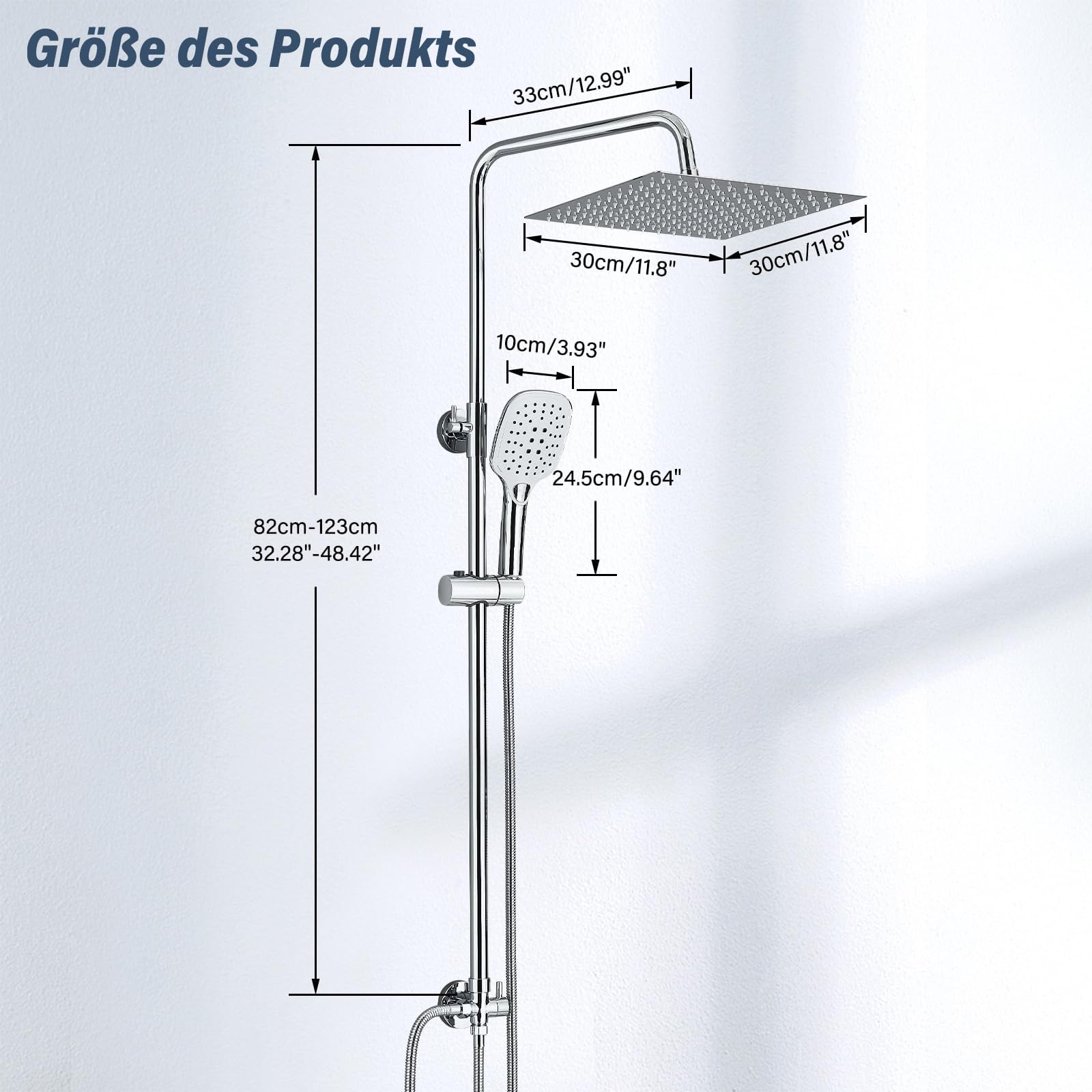 Regendusche Duschsystem Edelstahl Duscharmatur Ohne Armatur Set Duschstange mit brause Duschkopf mit Schlauch und Halterung 3 Strahlarten,30x30cm Eckig Kopfbrause Duschset,Chrom