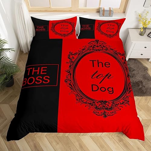 Erosebridal The Boss The Real Boss - Juego de ropa de cama de regalo negro y rojo, funda de edredón vintage con espejo de tocador, tamaño King,