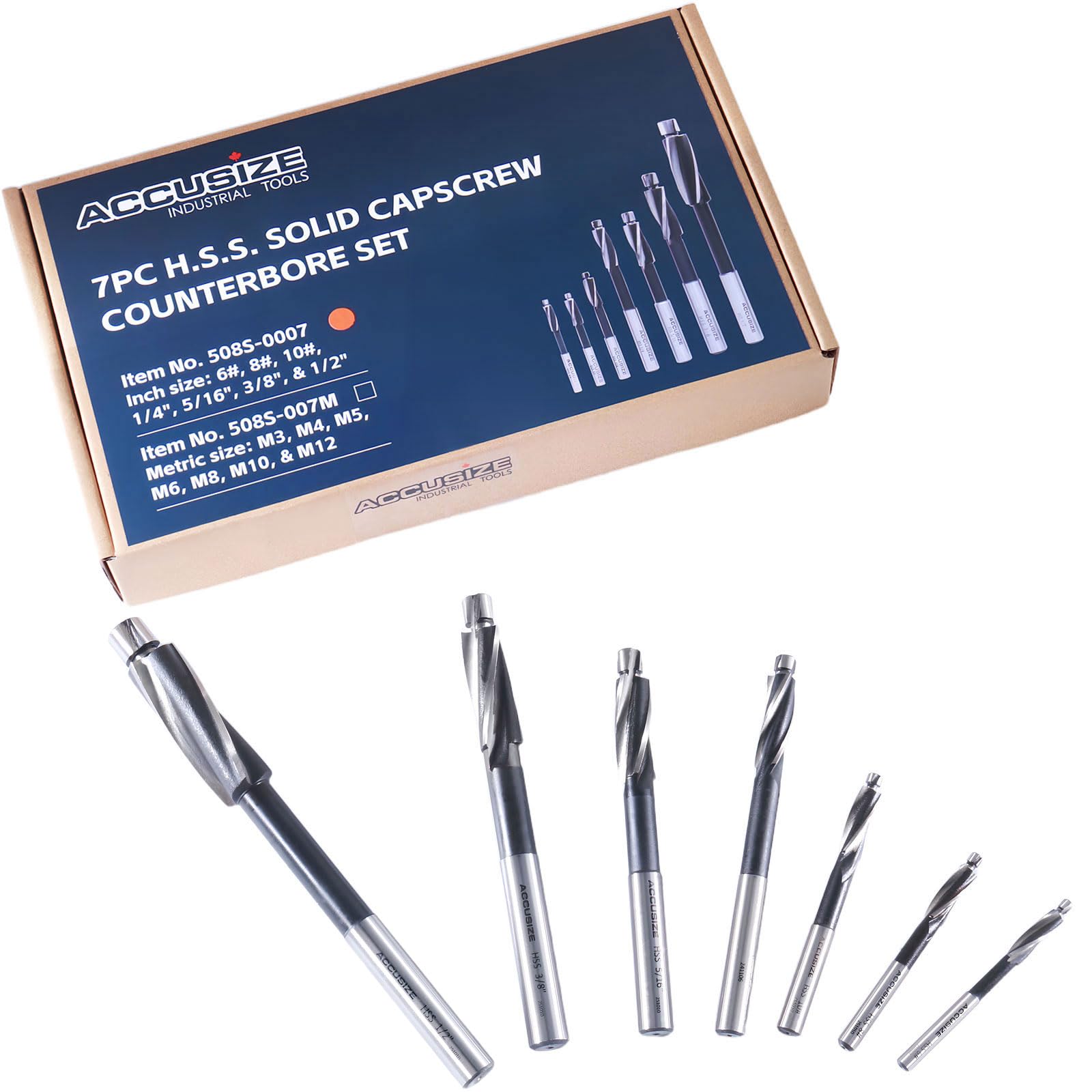 Accusize Industrial Tools H.S.S. Solid Cap Screw Counterbore Set, 3 Flute, Straight Shank, 7 Pc, 508S-0007 — Amazon image 7