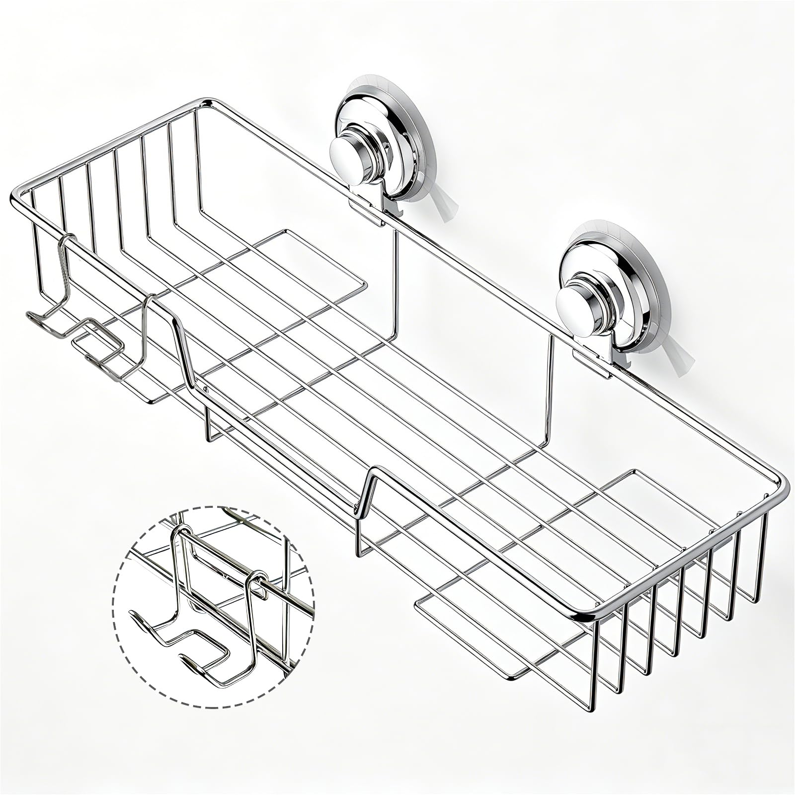 Poywaze Suction Cup Shower Caddy, Bathroom Organiser with Hooks, Stainless Steel Basket, Silver Tray, No Drilling Shelf for Kitchen Storage W38xD14xH13cm