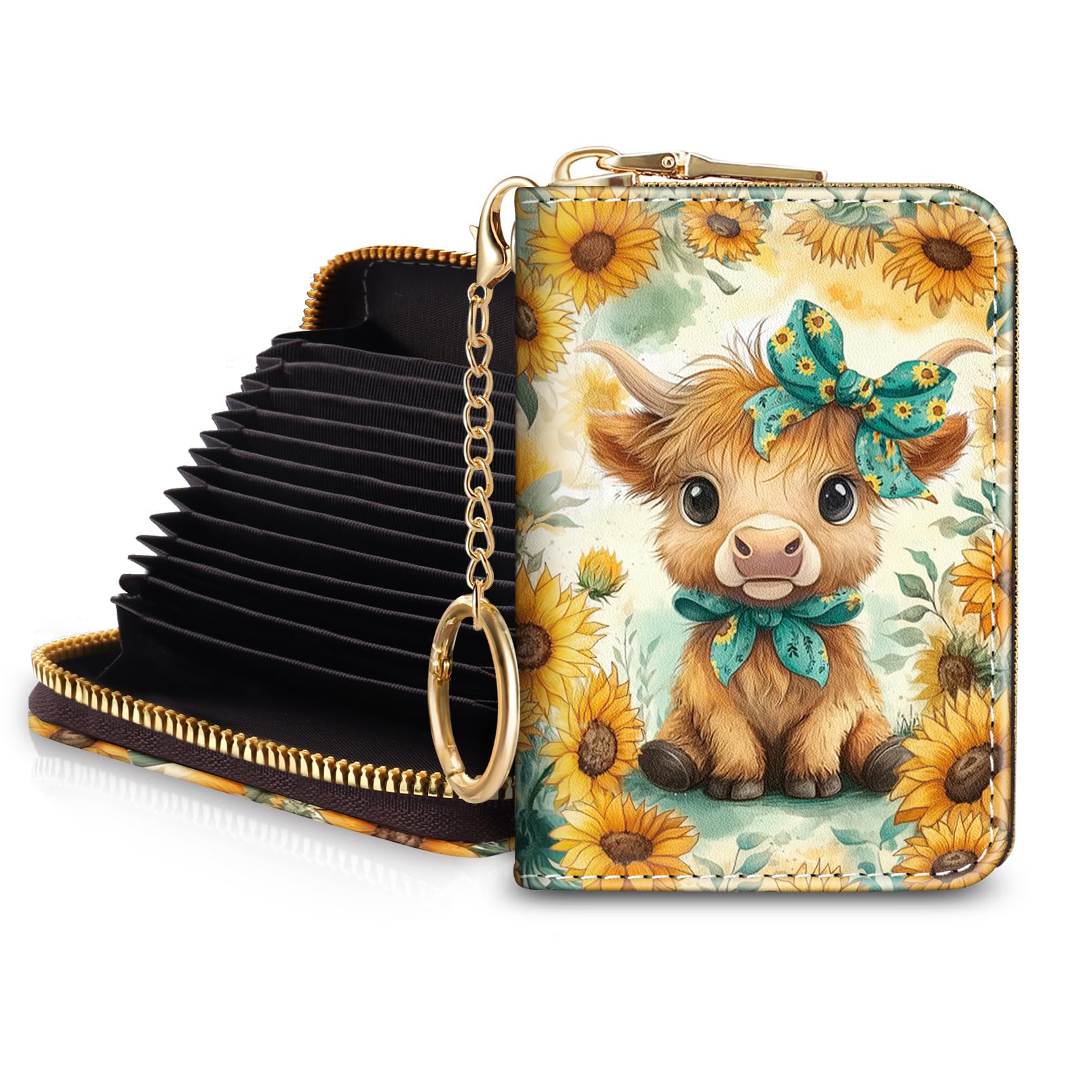 Blusabaca Highland Cow Cattle Modern Artwork Credit Card Holder for Women Small RFID Blocking Wallet with Zipper Card