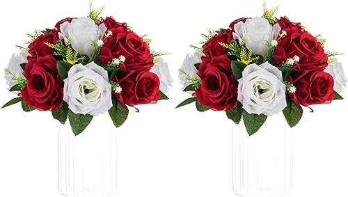 Miniatura 31 de NUPTIO Centros de mesa de flores para mesas de boda: arreglo de 6 piezas de flores artificiales rosas y blancas para bodas y fiestas - Rosas Rosa y