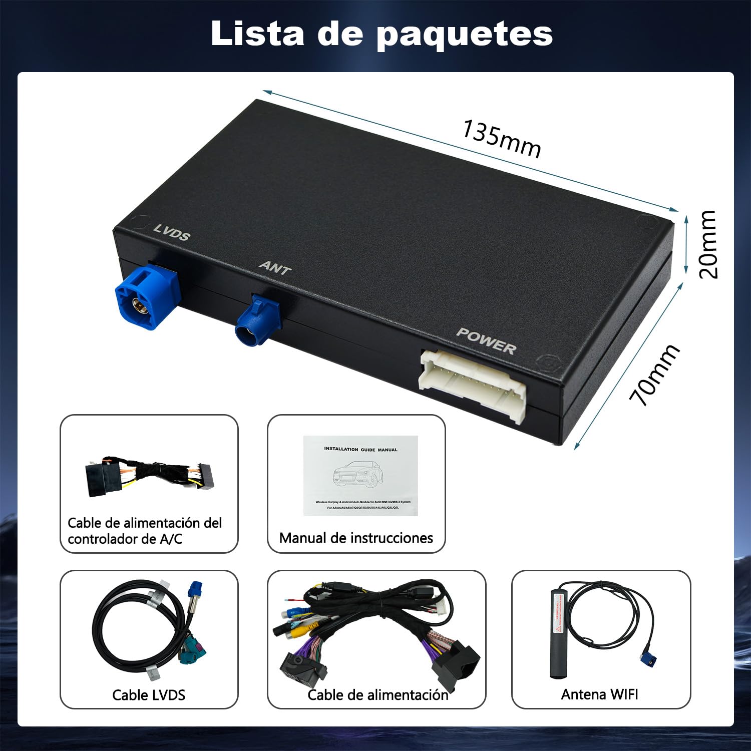 Kit di retrofit modulo decoder Wireless CarPlay/Android Auto compatibile con Audi A4/A5/S4/S5/RS4/RS5 e Q5 (2008–2018) per sistema MMI 3G, supporta comandi OEM, MirrorLink e telecamera posteriore
