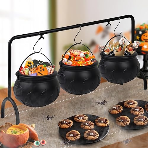 Aimery Cuenco de caldero de bruja de Halloween para servir dulces Hocus Pocus, juego de 3 cuencos de caldero de plástico negro con estante de