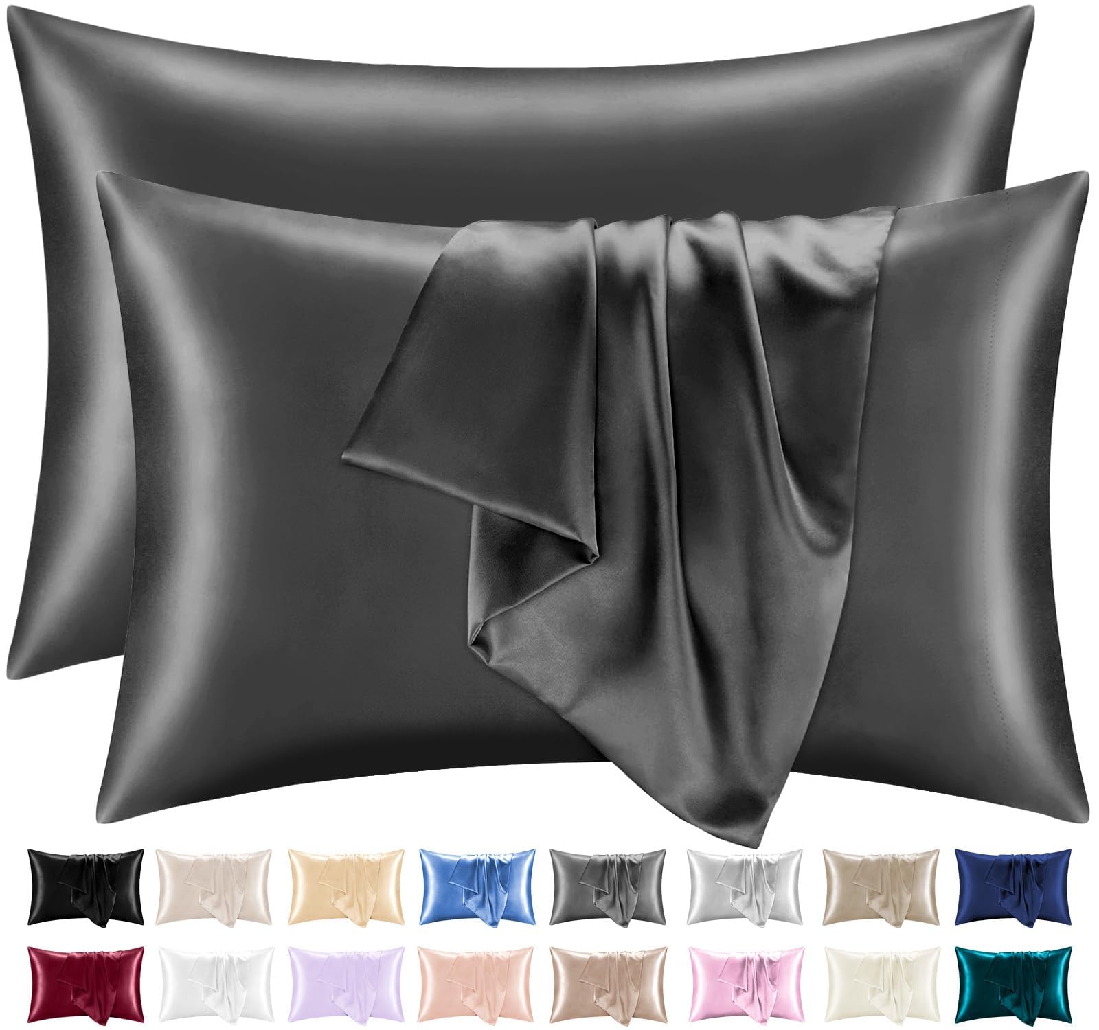 Lazzaro Satin Silk Pillowcases for Hair and Skin - Hypoallergenic Pillow Cases 2 Pack with Envelope Closure - Ultrasoft Standard Size Charcoal Silk Pillowcases (50 x 75 cm)