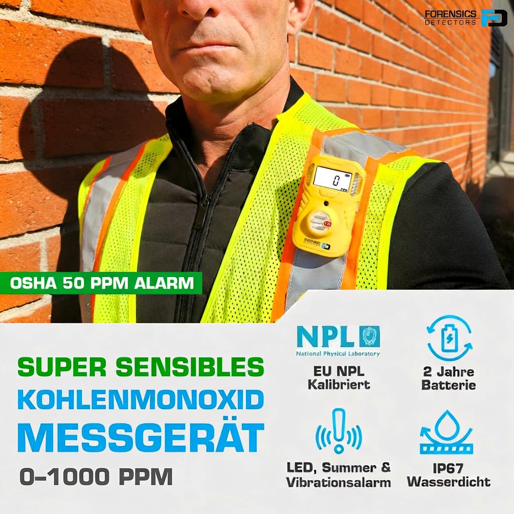 Tragbarer Kohlenmonoxid-Detektor (CO) | EU-Kalibrierzertifikat | Batterielaufzeit 2 Jahre | Sturztest aus 10 Fuß Bestanden | Schutzart IP67