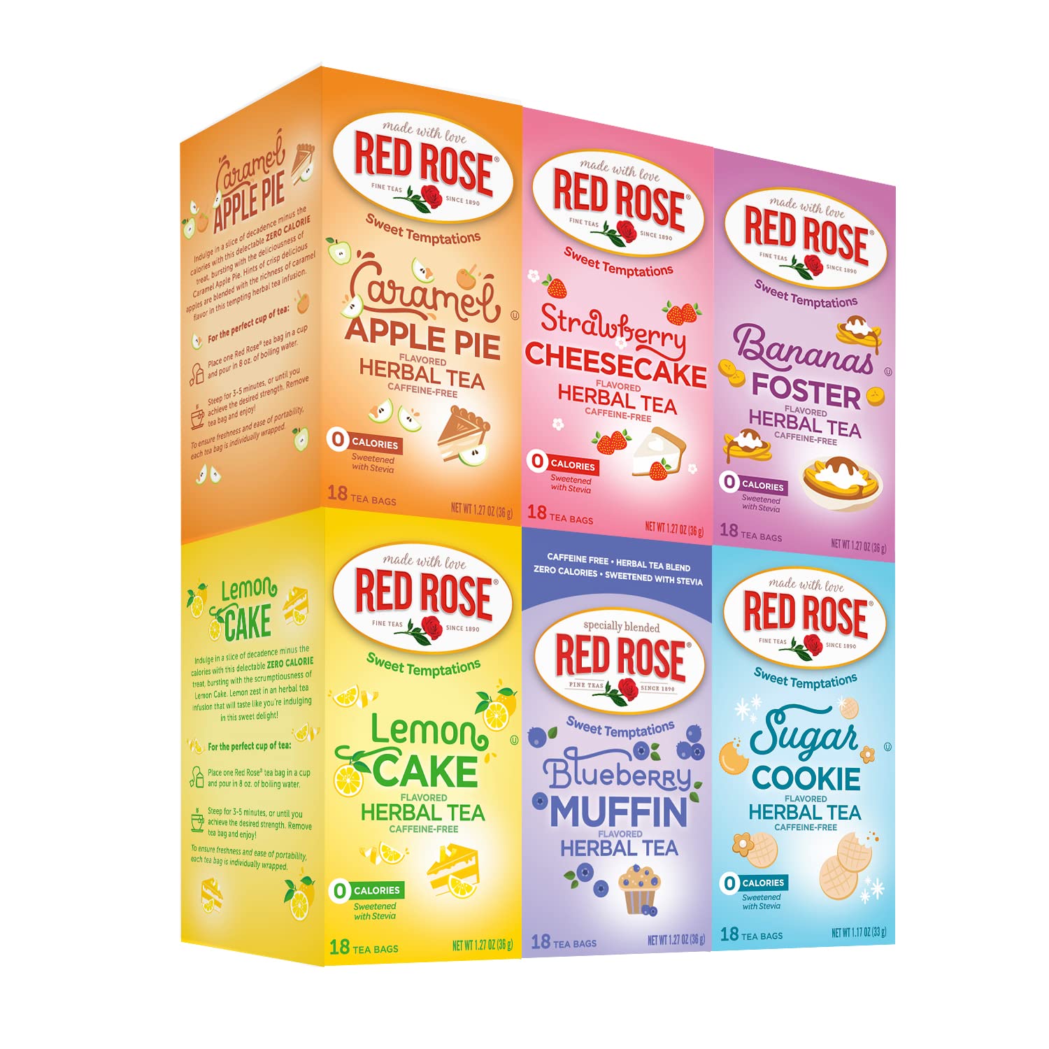 Red Rose Sweet Temptations Bundle! 6 Flavor Sugar Cookie, Banana Foster, Caramel Apple Pie, Blueberry Muffin, Lemon Cake & Strawberry Cheesecake! 0 Calories, Gluten Free and Caffeine Free Herbal Tea!