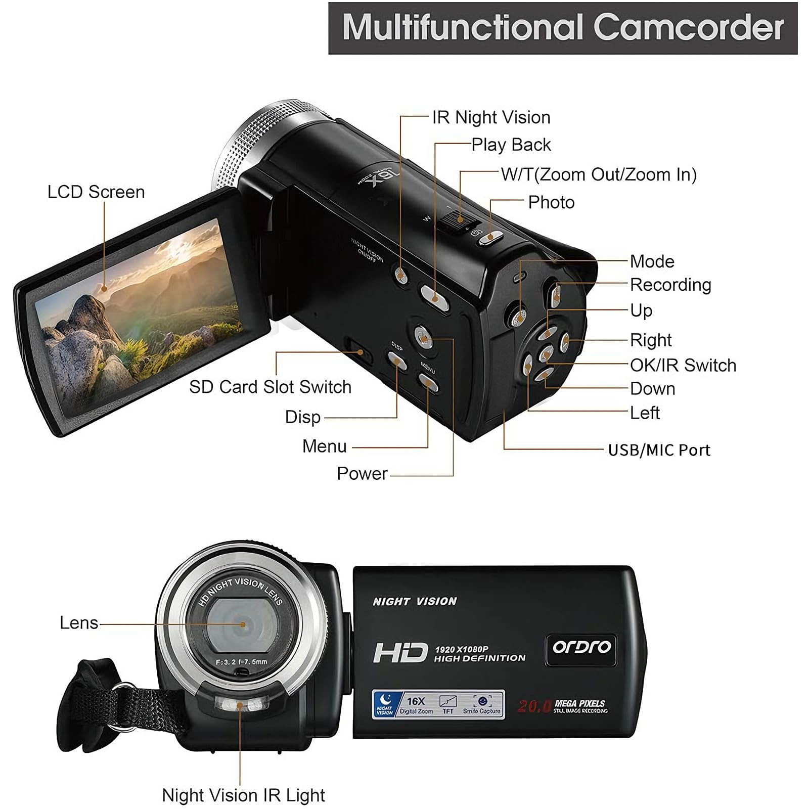 Filmadora Full Hd 1080p Compacta 20mp Ordro Hdv-v12 | Amazon.com.br
