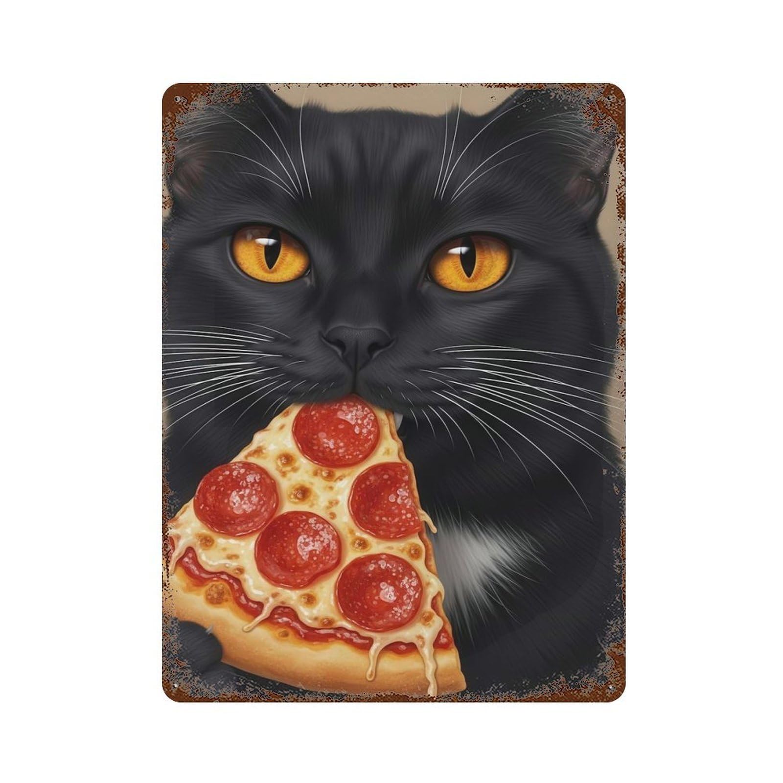 Rust Effect Tin Sign with Black Cat Eating Pizza Slice Design 15.7"x11.8", for Pub, Kitchen And Man Cave Decor, Industrial Home Decor