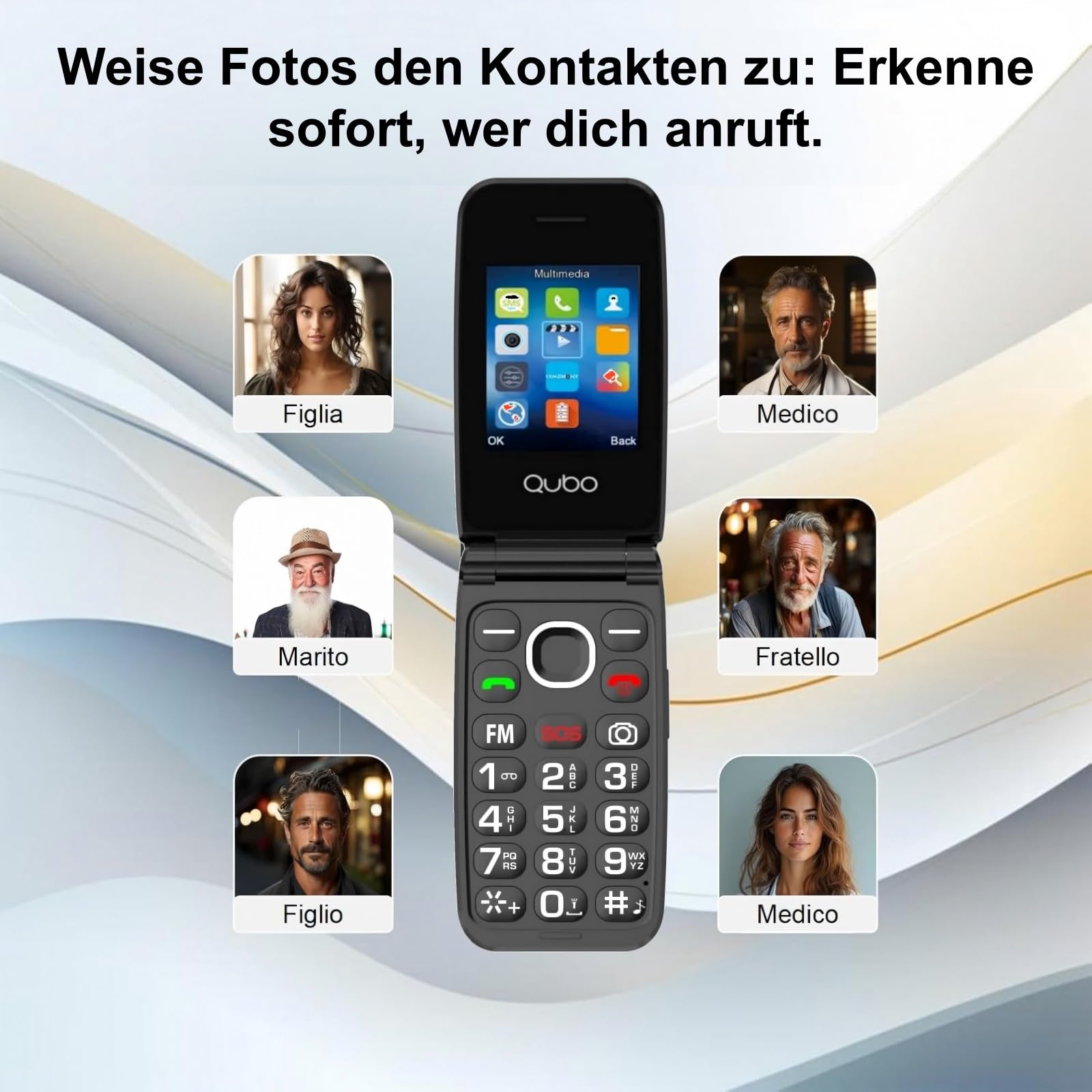 Qubo Seniorenhandy Klapphandy Ohne Vertrag, Großtastenhandy, GSM Flip Mobiltelefon SOS Notruffunktion, Taschenlampe, FM-Radio, 2,4 Zoll Farbdisplay, Schwarz
