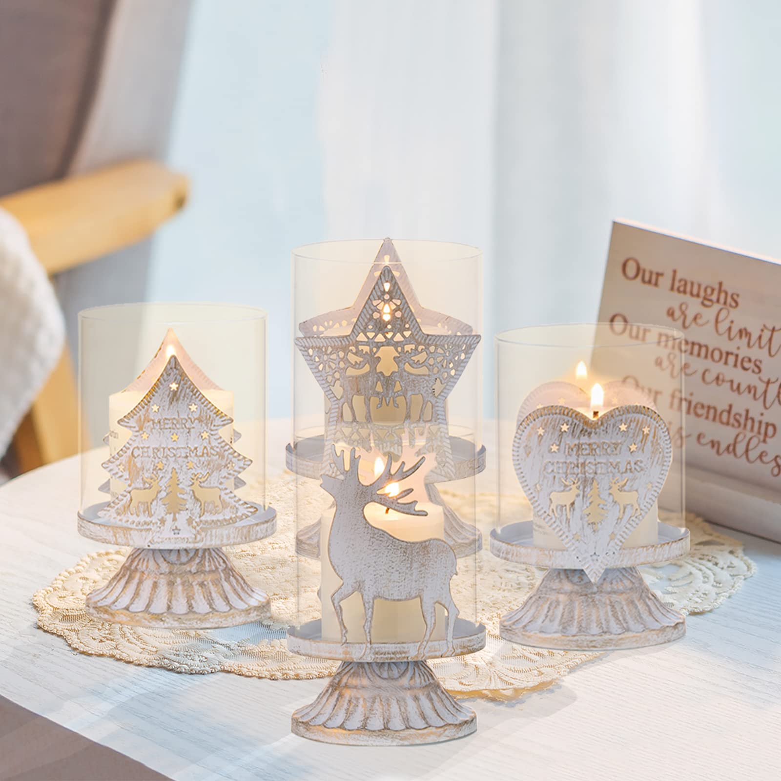 Sziqiqi Set di 4 Candelieri Candelabri Candelabro Portacandele in Metallo Antico, Candelabro Uragano Shabby Centrotavola per Decorazione Natalizia del Camino del Mantello da Tavola di Natale, Bianco