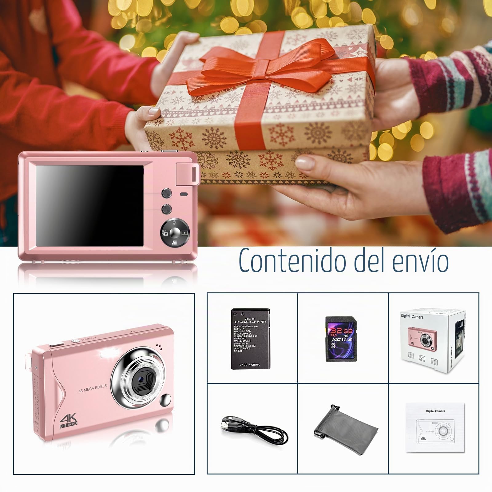 Cámara Digital 4K HD 1080P 48MP - Compacta Con Tarjeta SD 32GB, Pantalla LCD, Zoom Digital 16x Para Principiantes (Rosa)