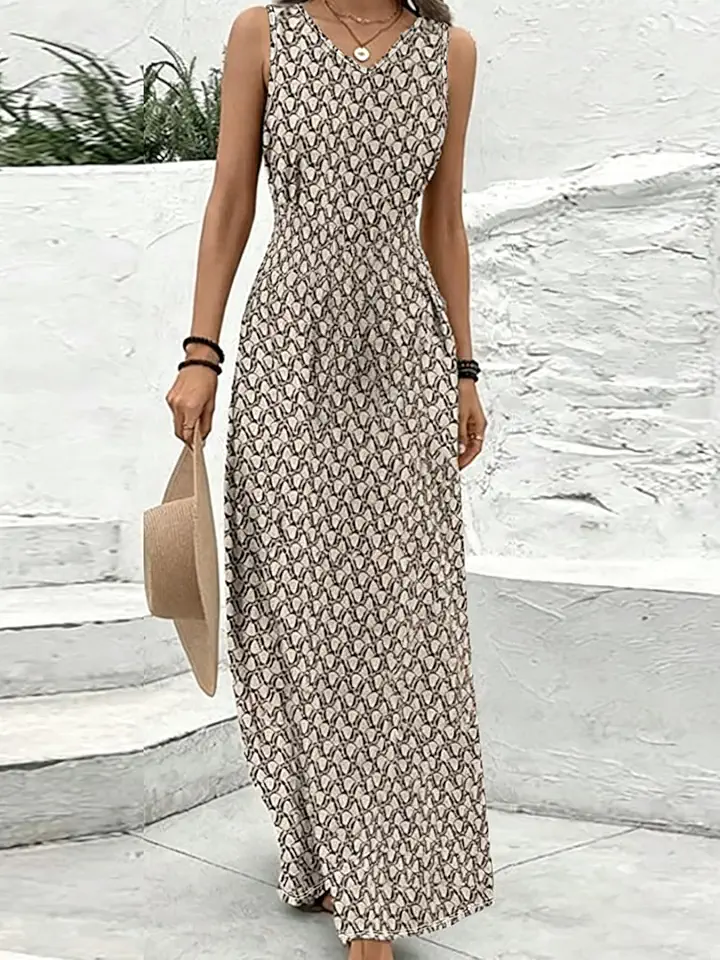Vestido maxi feminino com decote em V sem mangas estampado, cintura com laço geométrico