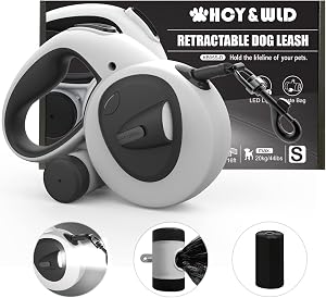 HCY&WLD Upgrade 4-in-1 Retractable Dog Leash with LED Light & Dispenser & Poop Bags, 16 ft Heavy Duty Dog Leash with Anti-Slip Handle for Dogs up to 44 lbs, 360° Tangle-Free, One Button Brake & Lock
