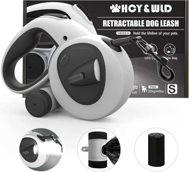 HCY&WLD Upgrade 4-in-1 Retractable Dog Leash with LED Light & Dispenser & Poop Bags, 16 ft Heavy Duty Dog Leash with Anti-Slip Handle for Dogs up to 44 lbs, 360° Tangle-Free, One Button Brake & Lock