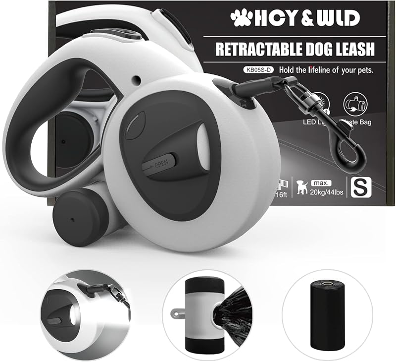 HCY&WLD 4-in-1 Retractable Dog Leash with LED Light & Dispenser & Poop Bags | 16 ft Heavy Duty Dog Leash with Non-Slip Handle, 360° Tangle-Free, One Button Brake & Lock, Suitable for Dogs up to 44 lbs