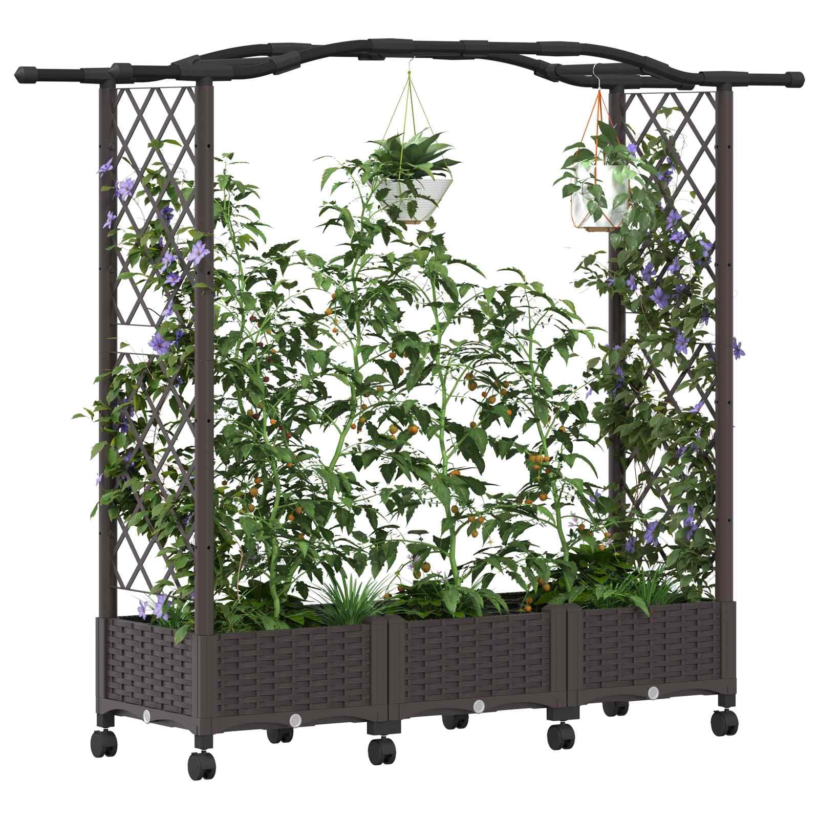 vidaXL Huerto Elevado con Celosía y Ruedas Marrón PP, Jardinera Moderna Elevada con Techo, Móvil, para Hierbas, Verduras, Ideas de Jardinería Urbana