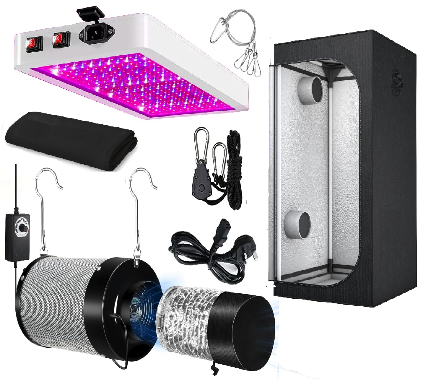 Grow Tent Kit, 60 x 60, 80 x 80 cm Complete Hydroponics Setup with LED Grow Light, Carbon Filter and Fan System (60 x 60 x 140 cm)
