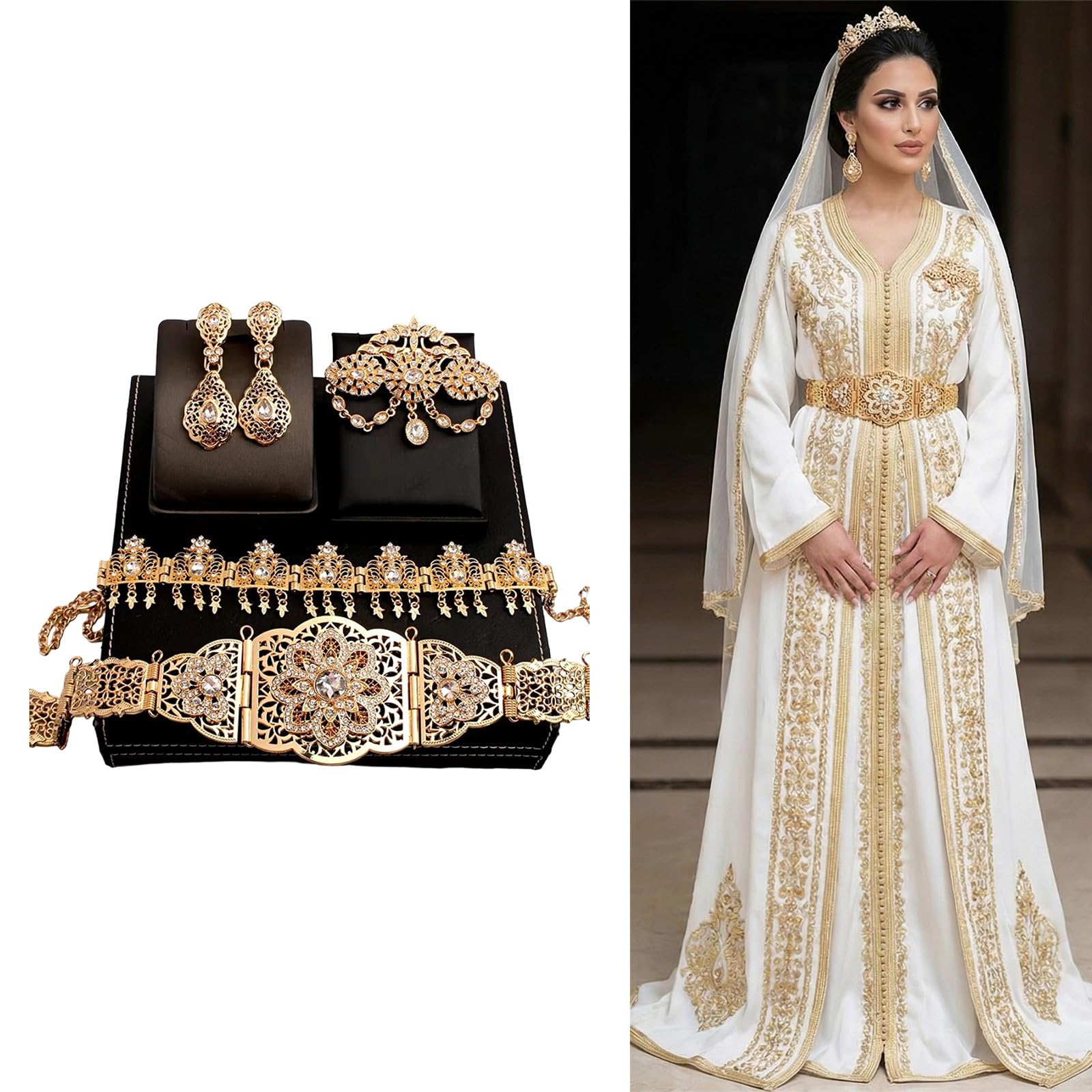 Conjunto de joyería nupcial marroquí Color chapado en oro para vestido de novia que incluye aretes con broche de cinturón en estilos árabes Conjunto de joyería de boda