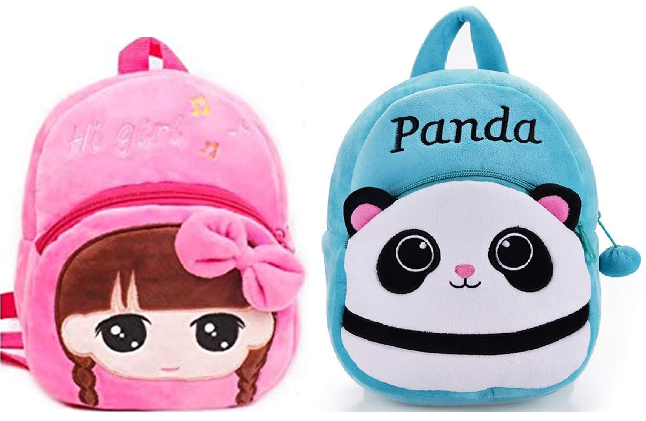 Kids School Bag Soft Plush Backpacks Cartoon/Boy/Girl/Baby/ (2-5 Years) (Panda Blu & Hi Girl)