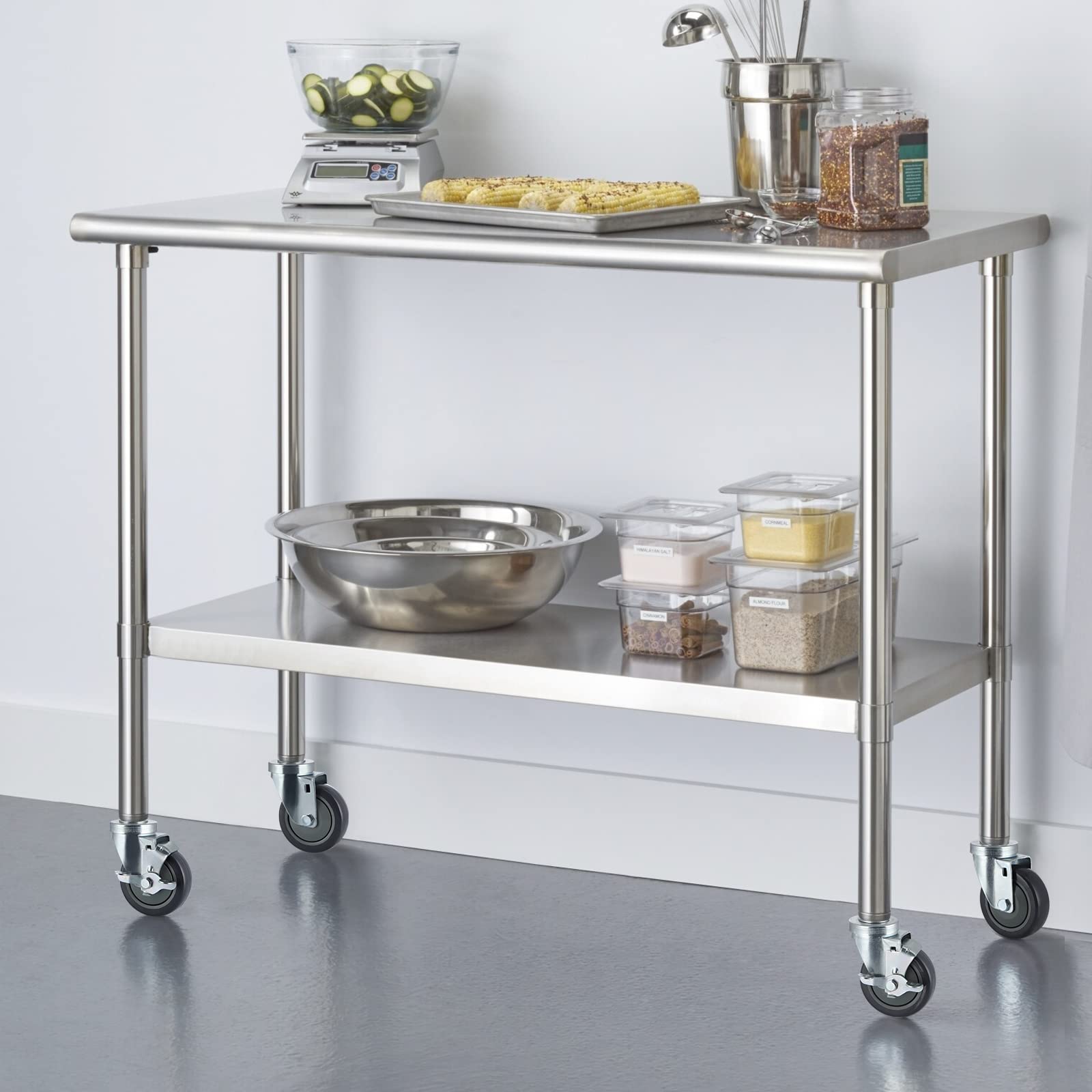 Skelang 4 ruote a stelo espandibile da 10,2 cm, in acciaio inox, con freni, ruote resistenti per tavoli da lavoro da cucina commerciali con tubo da 38 mm, capacità di carico totale 400 kg